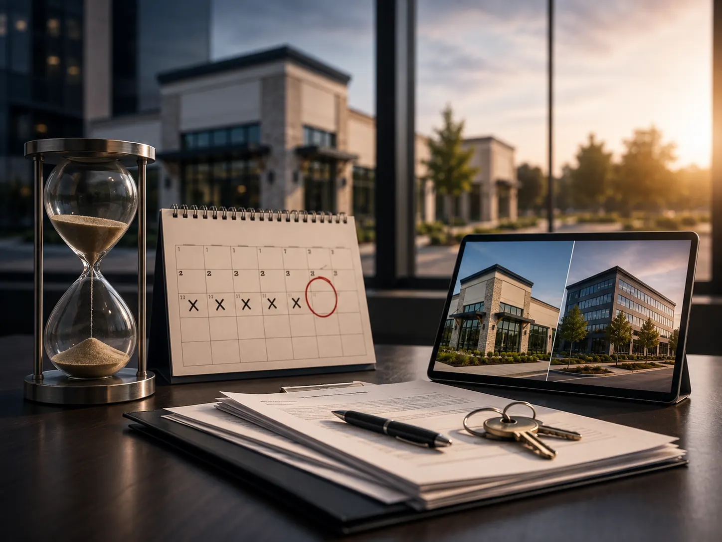 An hourglass and a calendar of crossed-off days counting toward one circled date, next to replacement properties on a tablet.