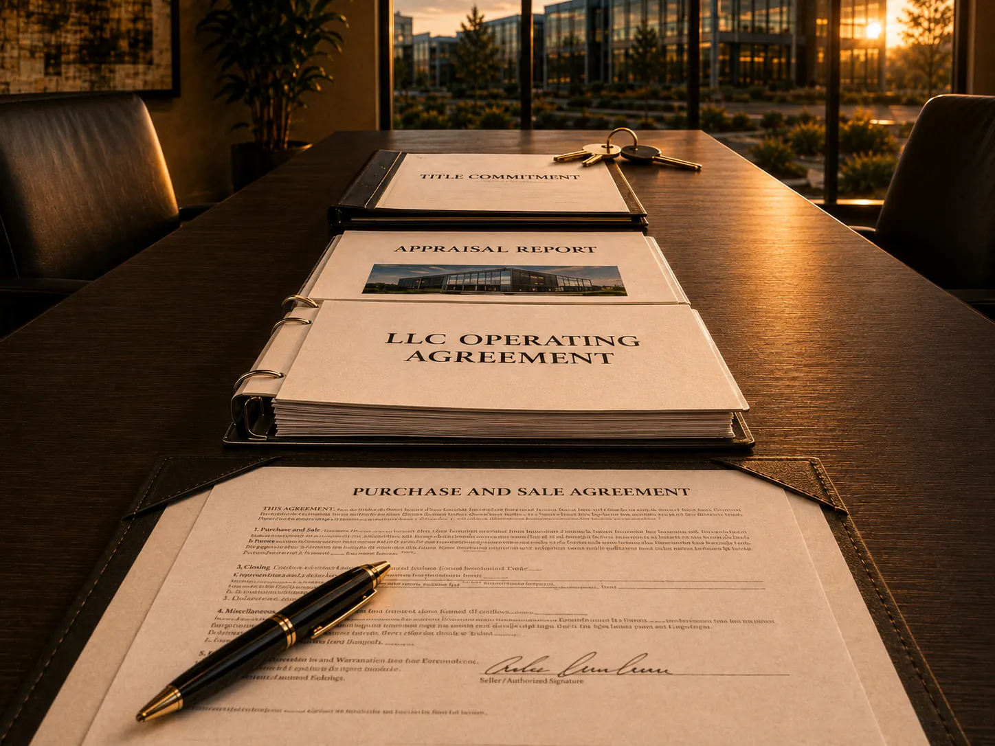 A title commitment, an appraisal report and an operating agreement stacked on a desk beside a signed purchase and sale agreement.