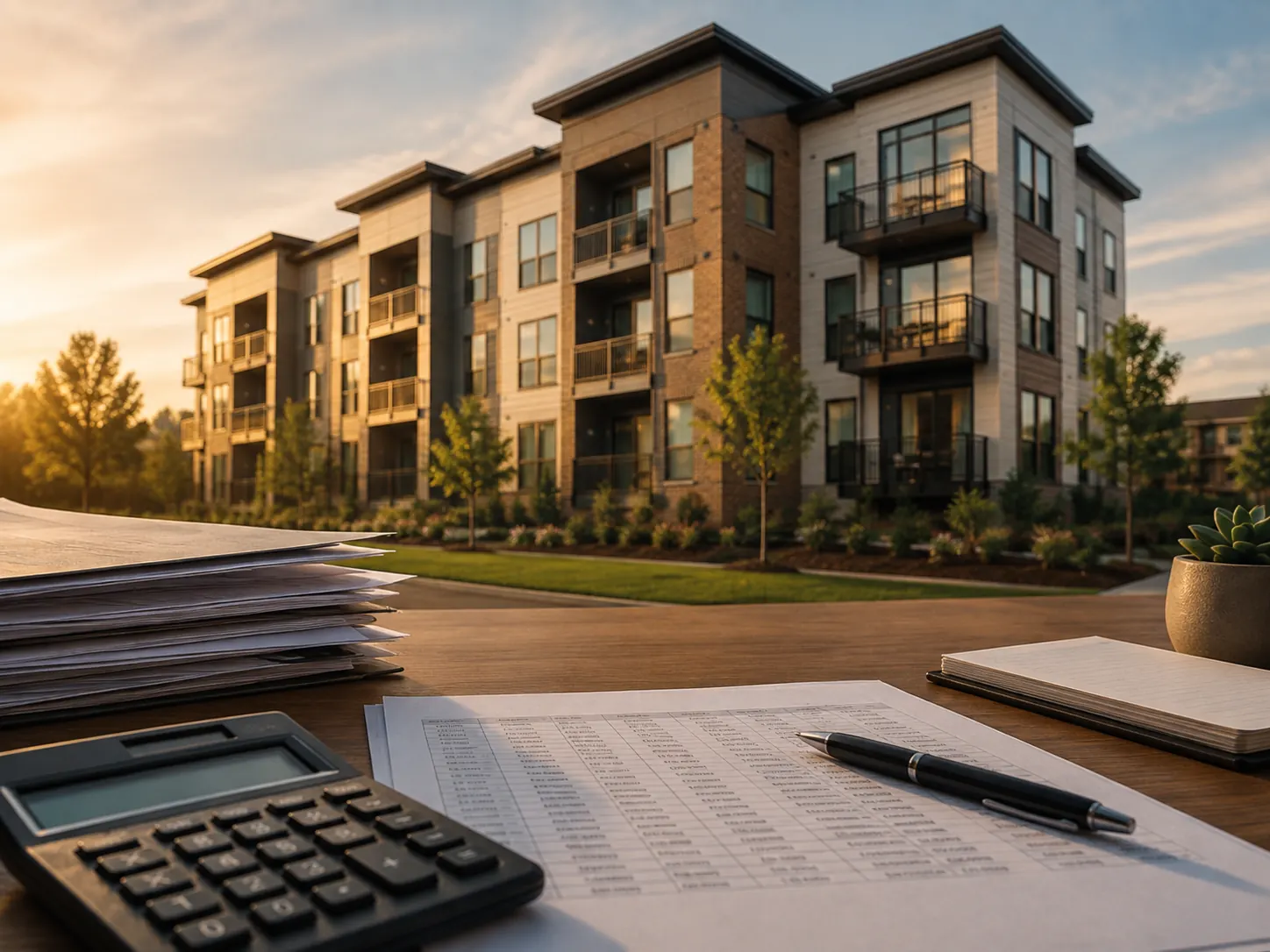 A rent roll and a calculator on a desk, with the apartment building the numbers belong to standing beyond it.