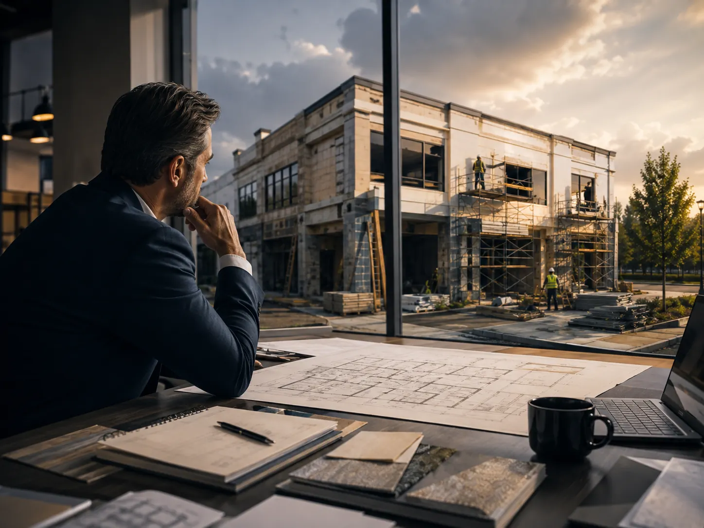 An investor at a desk of renovation drawings, watching crews work on the scaffolded building outside the window.