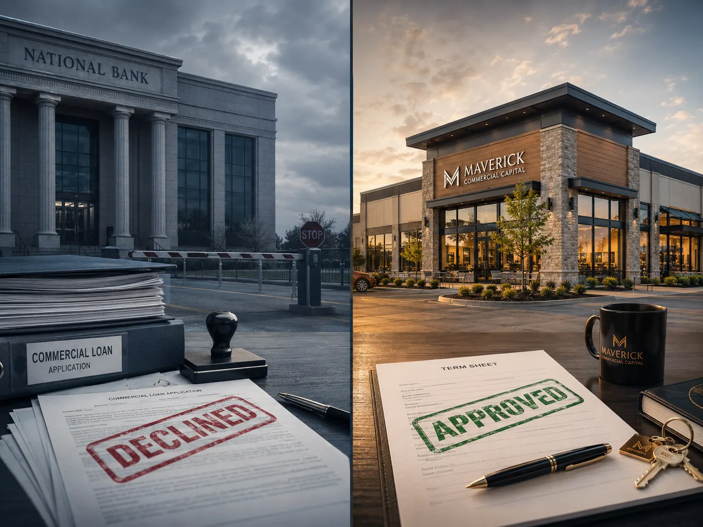 The same file twice: a loan application stamped declined outside a grey bank, and a term sheet stamped approved on a lender's desk.