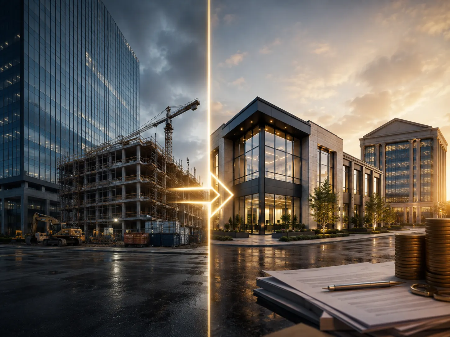 A building under construction on one side, the finished and stabilised property on the other, with an arrow running between them.