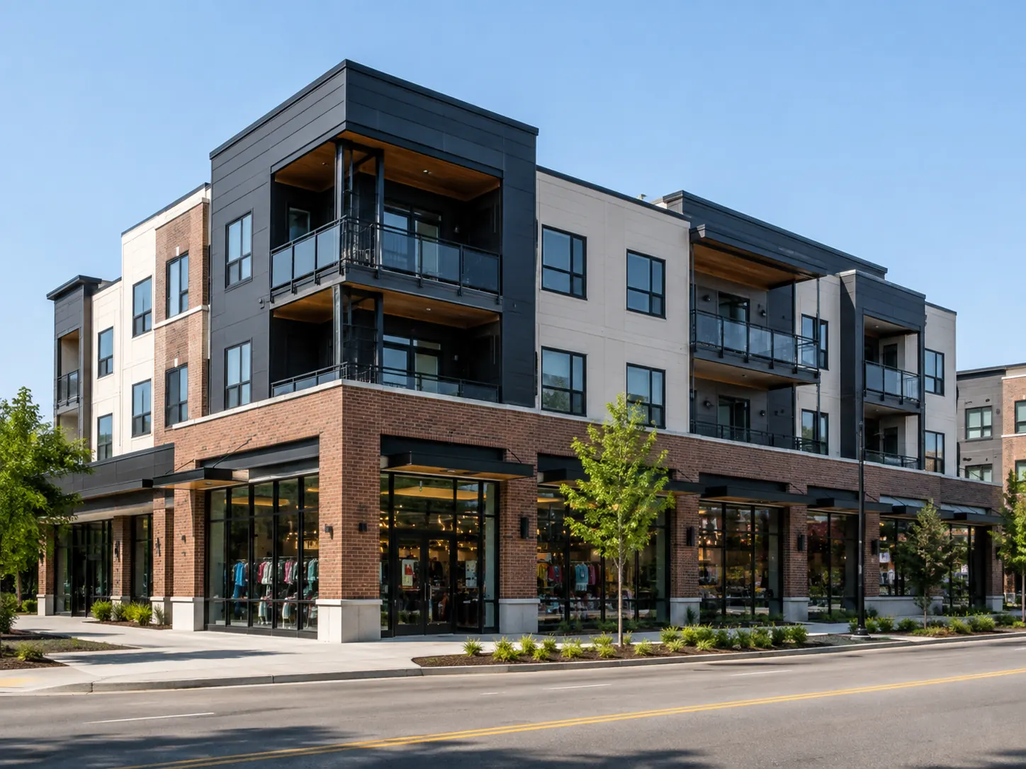 A four-level corner building with shopfronts at street level and apartments above.