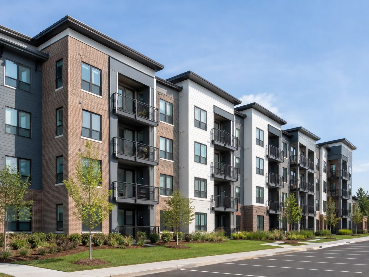 A four-level brick apartment building with balconies on every floor.