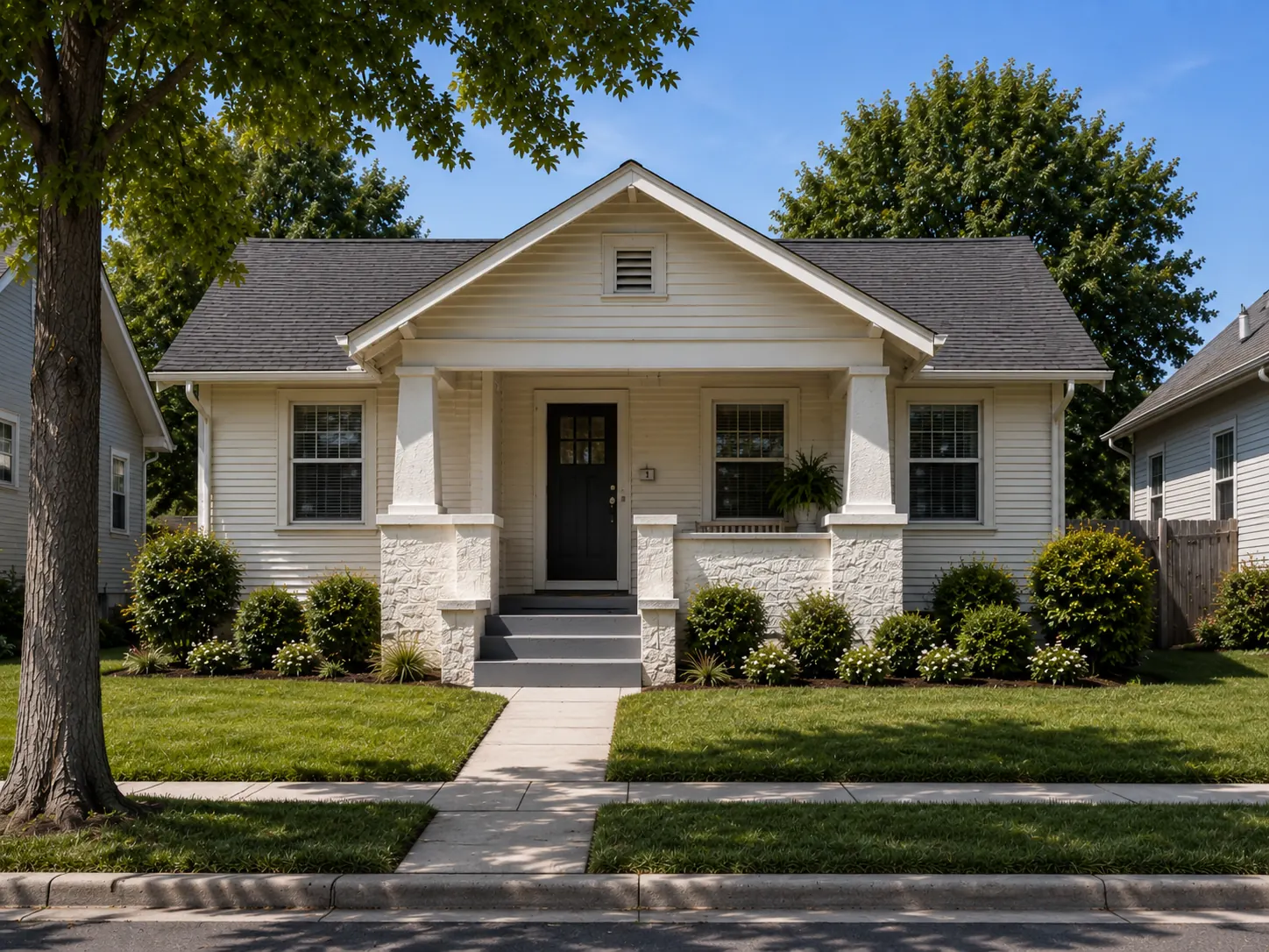 A single-family bungalow with a columned porch on a tree-lined street.