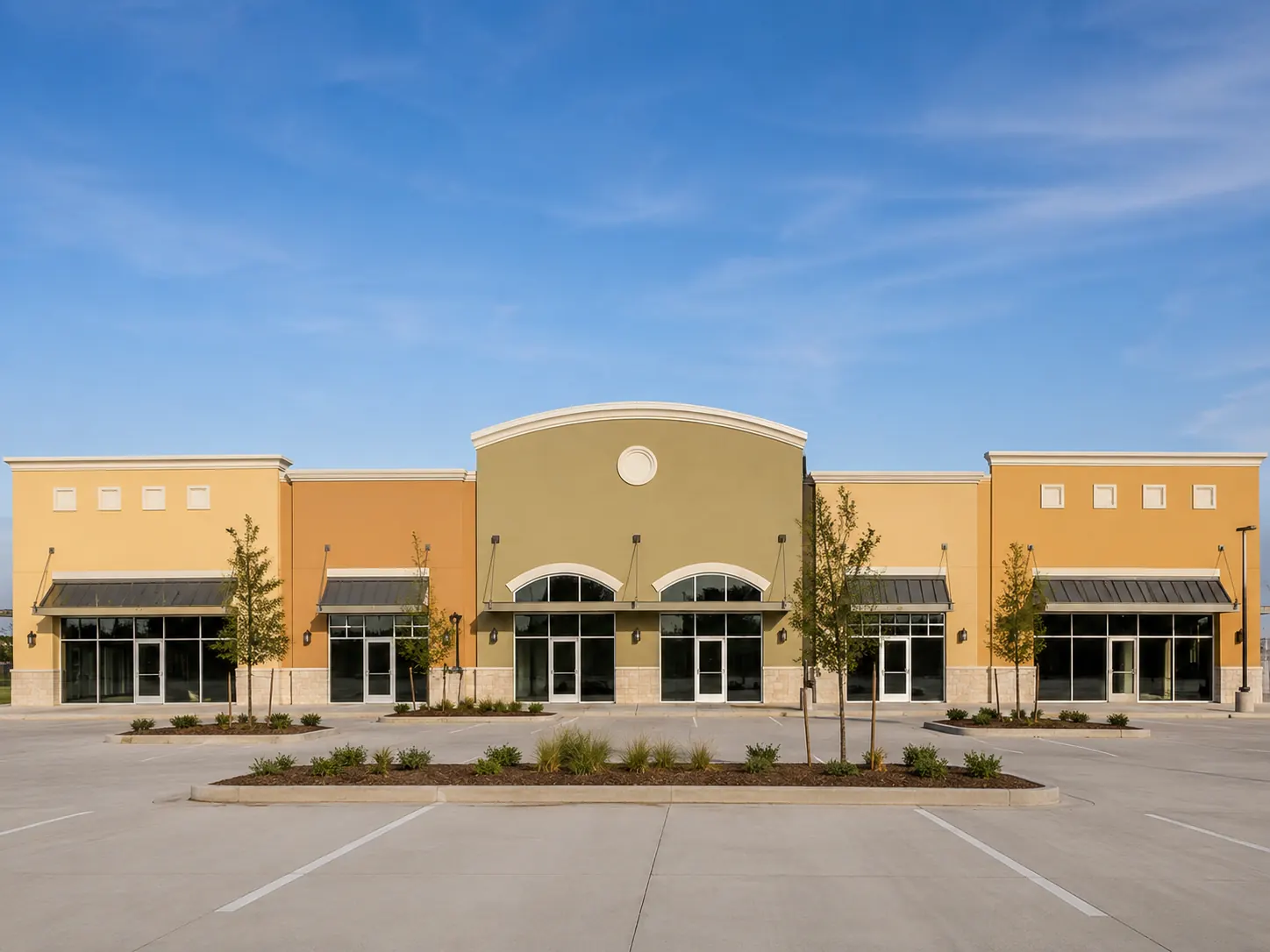 A small multi-tenant retail center facing its own parking lot.