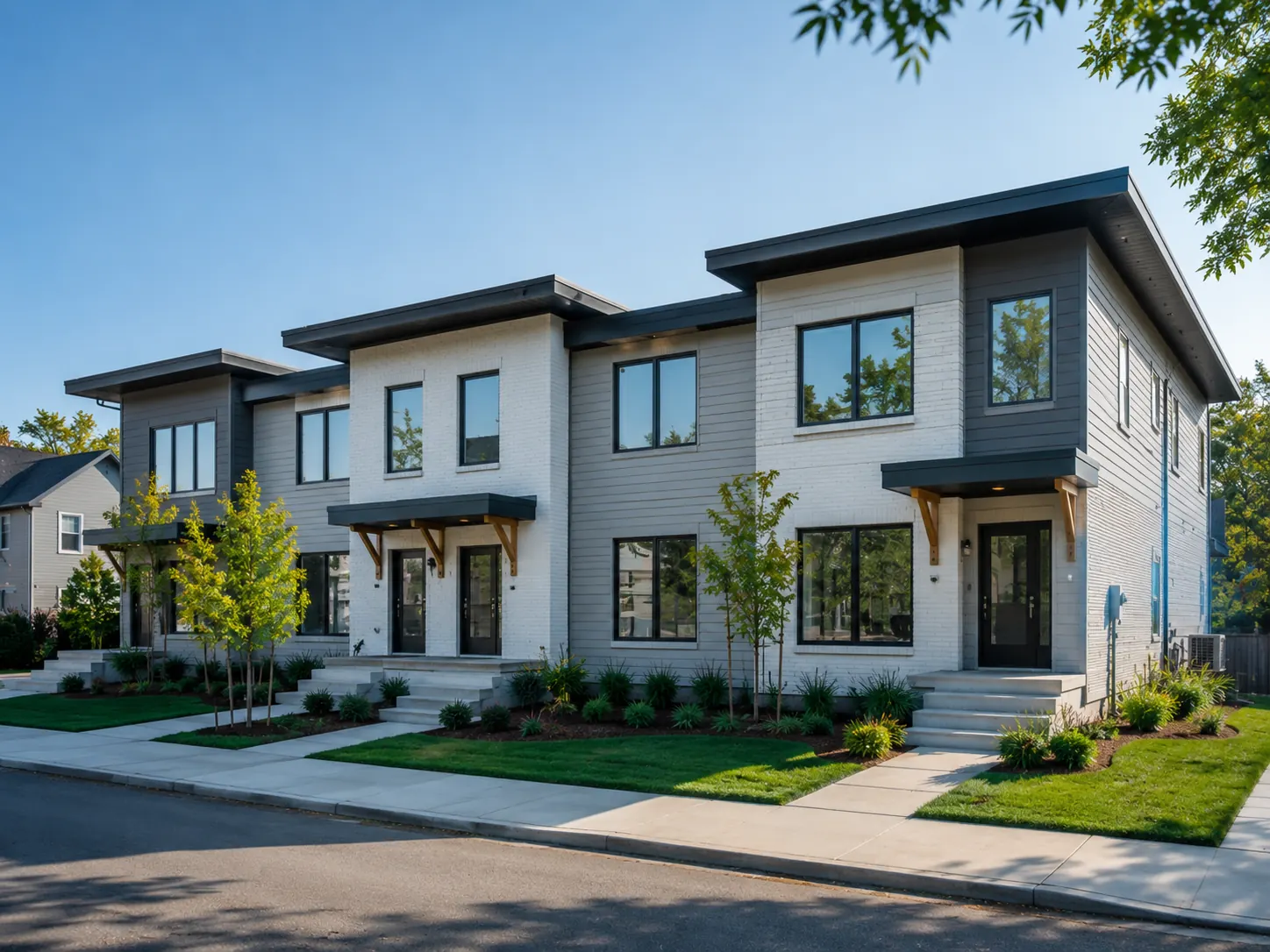 Attached two-level homes, each with its own street entrance.